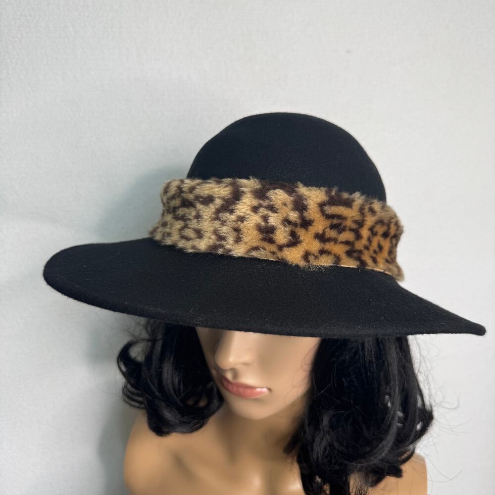 Vintage 1980s Black Wool Felt Wide Brim Hat Leopard Faux Fur Made USA 22” - Picture 6 of 14